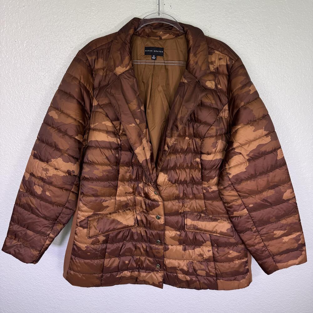 Susan Graver Puffer Jacket Womens 3X Camo Quilted Snap Front Plus Size Brown